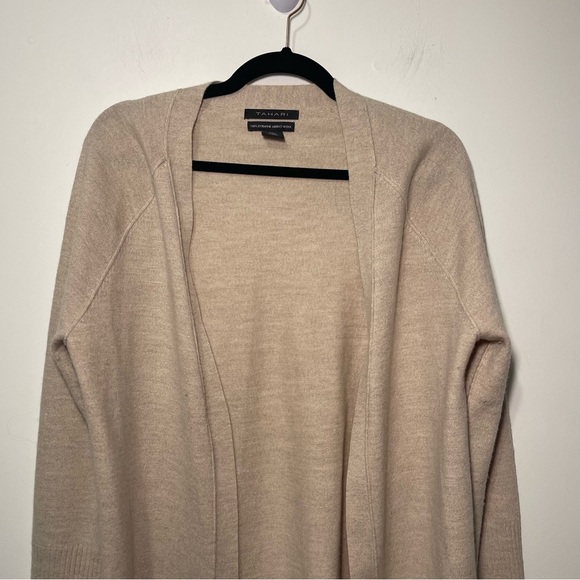 Tahari Women’s Beige Open Front Cardigan Sweater L 100% Extrafine Merino Wool - Picture 2 of 7